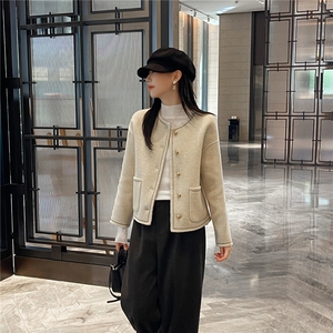 2025年秋季新款百搭女士带兜系扣圆领羊毛开衫，女装羊毛衫，召鑫羊绒双面呢