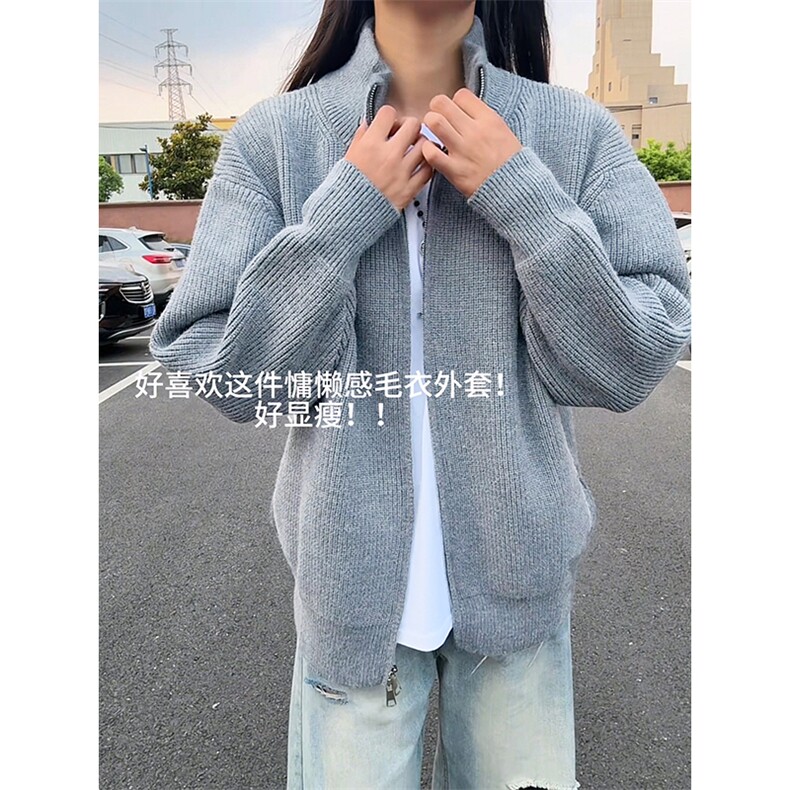 重磅秋冬北极绒双拉链毛衣开衫美式复古休闲慵懒风宽松针织衫外套,男装针织衫/毛衣,电商A486-1