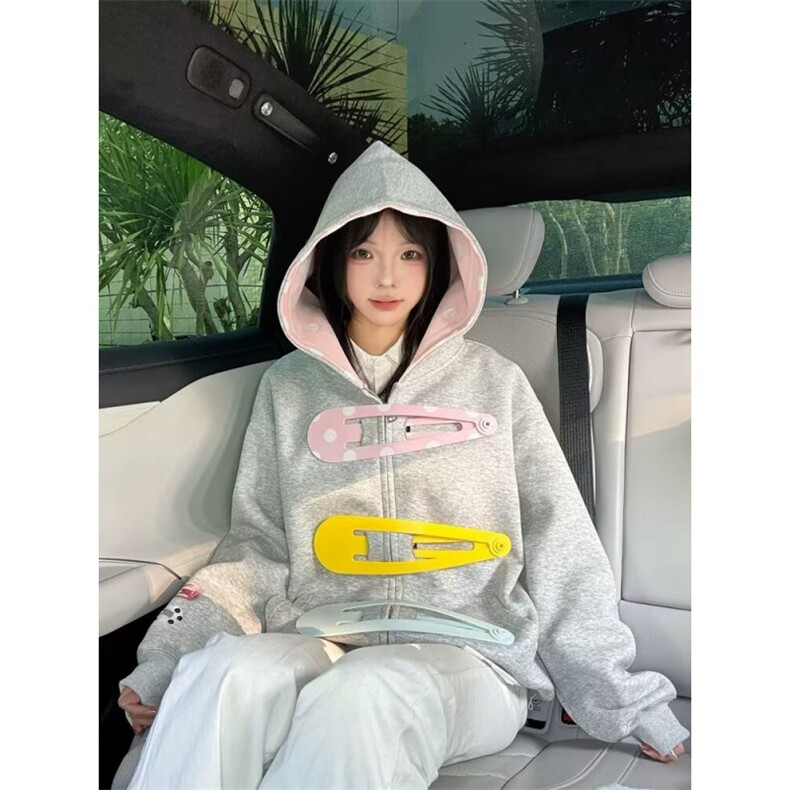 卫衣外套女春秋新款设计感发夹宽松灰色开衫拉链连帽长袖上衣,女装短外套,星座601-1