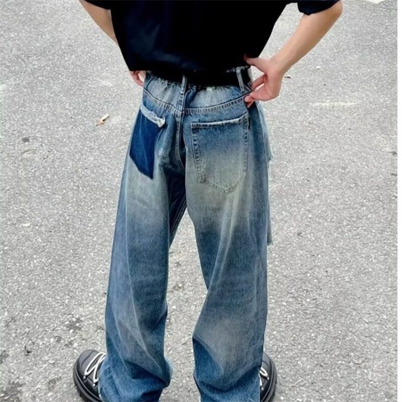 2025季新款欧货设计感复古蓝水洗宽松显瘦阔腿直筒牛仔裤男女,男装牛仔裤,星座506A