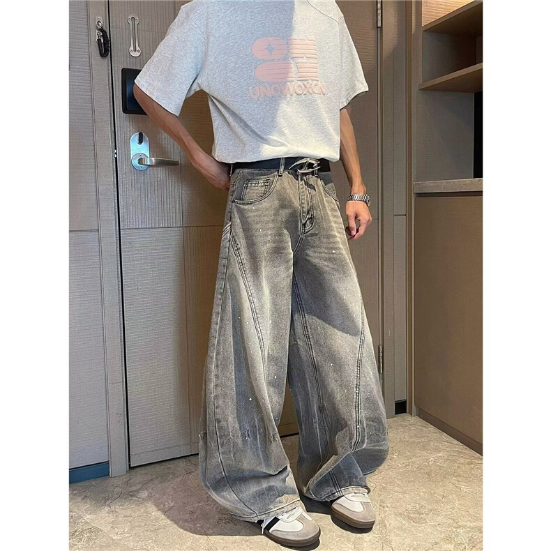 美式复古水洗弯刀牛仔裤夏季新款宽松垂感阔腿拖地长裤D7844,男装牛仔裤,星座601-1