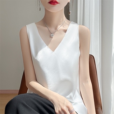 真丝吊带背心女内搭西装打底衫缎面白黑色桑蚕丝醋酸上衣夏v领，女装T恤，圣丽羊绒