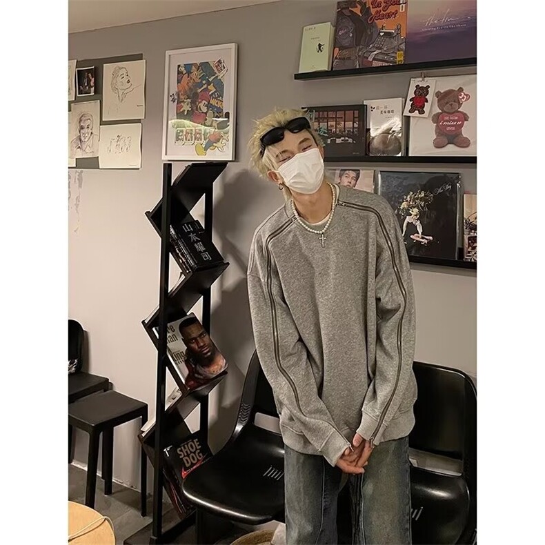 解构双拉链圆领廓形灰色长袖卫衣男休闲W16-P37,男装卫衣,星座1109-4