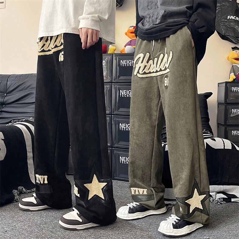 AK46男士休闲九分长裤男装鹿皮毛巾绣哈伦宽松裤高街直筒裤拼皮潮图片