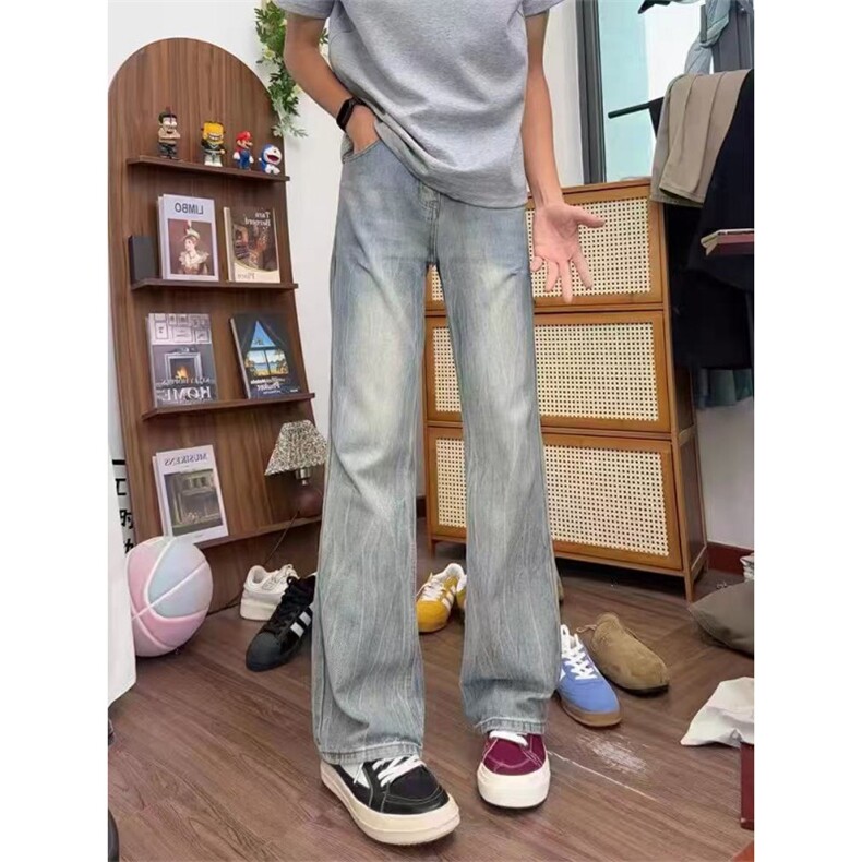 美式复古闪电竹节纹牛仔裤男款直筒微喇裤子HTG56 P47图片