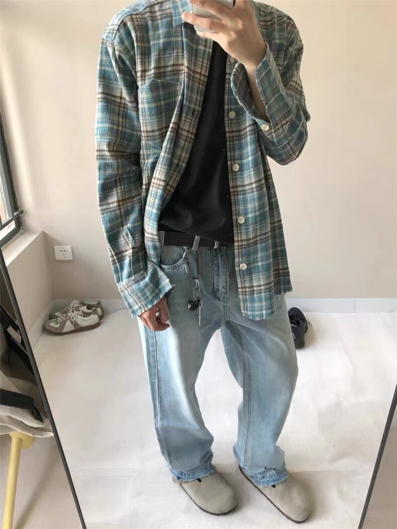 vintage美式复古格纹衬衫男秋季cleanfit长袖格子衬衣高级感外套,男装衬衫,星座1007（原301D）