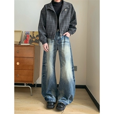 复古高街水洗泼墨弯刀牛仔裤男女做旧宽松阔腿拖地裤N08123-P53，男装牛仔裤，星座308B-2