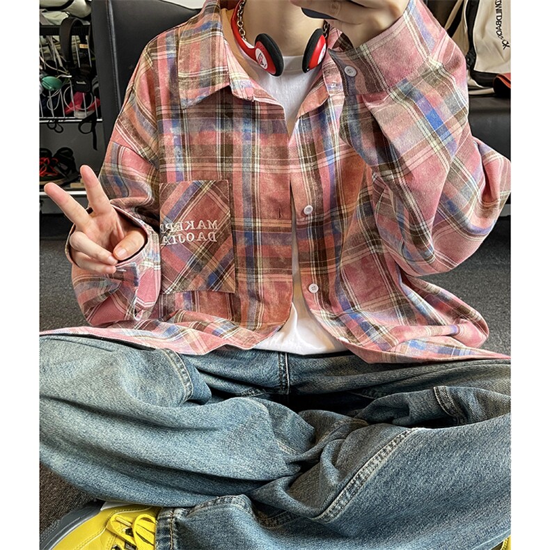 2026春季字母刺绣潮流衬衣外套高级感格子衬衫男C2504-特P42控79图片