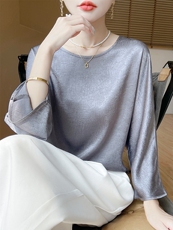 圆领新款针织女长袖纯色简约百搭宽松套头上衣，女装针织衫/毛衣，绒宛羊绒