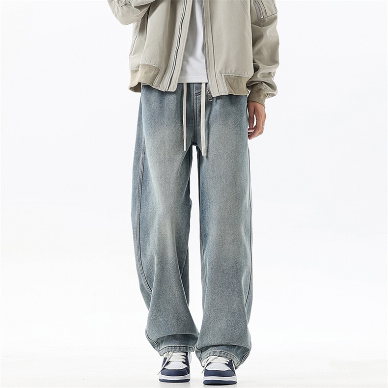 美式复古抽绳牛仔裤男宽松潮流水洗阔腿长裤TS03P45，男装牛仔裤，电商D325