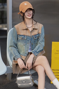 美式复古翻领休闲拼接牛仔外套又酷又飒独特超好看夹克上衣女图片
