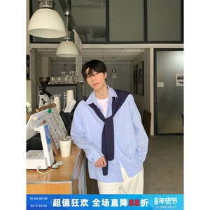 1506/QC400/P62韩版条纹翻领带披肩长袖男春季宽松学院风衬衫情侣图片