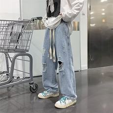 松紧腰破洞牛仔裤男宽松直筒ins潮牌美式高街百搭阔腿裤N1027-p40，男装牛仔裤，星座1008