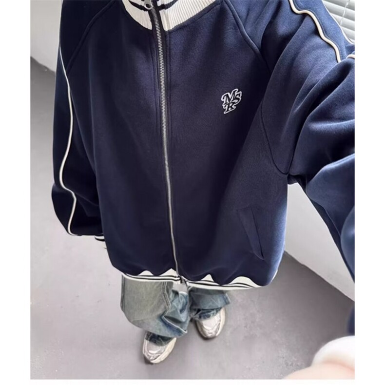 美式立领刺绣棒球服外套男女2024秋冬款休闲宽松百搭卫衣加绒加厚,男装卫衣,星座506A