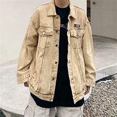 欧美高街vibe外套男春秋季美式复古水洗牛仔褂子棕色刺绣工装夹克，男装夹克，星座1103-3