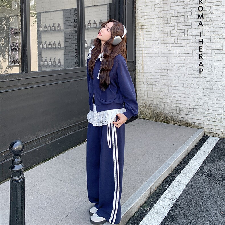 春装新款韩系学院风花边拼接休闲开衫卫衣套装2101P200K328,女装套装/套裙,2C219