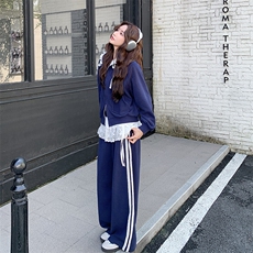 春装新款韩系学院风花边拼接休闲开衫卫衣套装2101P200K328，女装套装/套裙，2C219