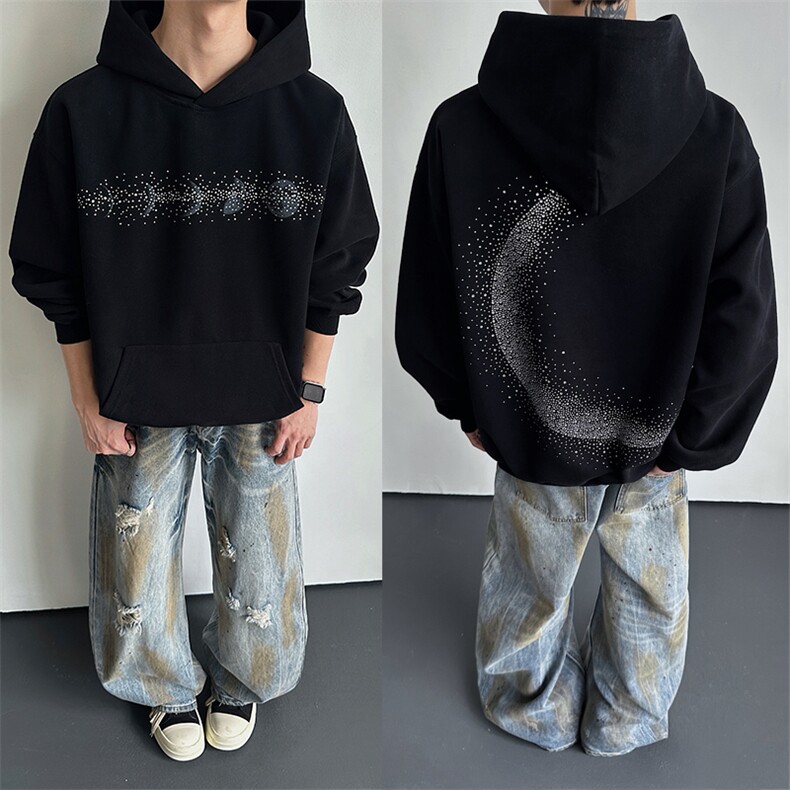 月亮烫钻连帽卫衣圆领卫衣男女同款宽松休闲上衣W6211P98,男装卫衣,星座512-1（原513-3）