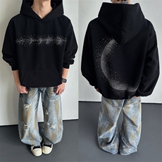 月亮烫钻连帽卫衣圆领卫衣男女同款宽松休闲上衣W6211P98，男装卫衣，星座512-1（原513-3）