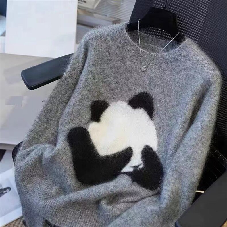 重磅加厚100%纯羊毛衫女圆领熊猫提花拼色针织毛衣宽松羊绒衫打底,女装羊毛衫,忠诺羊绒