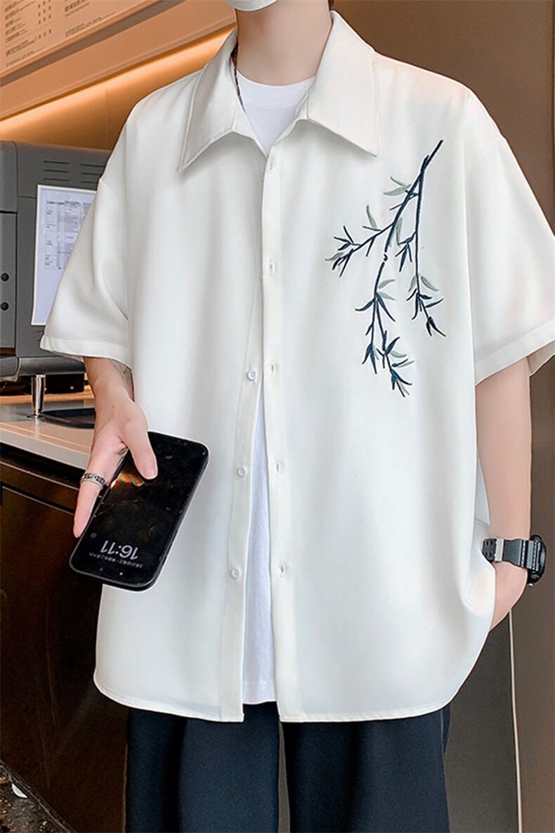 XZ616夏季冰丝薄款刺绣古风新中式上衣短袖衬衫CS01P55控68,男装衬衫,星座512A（原616）