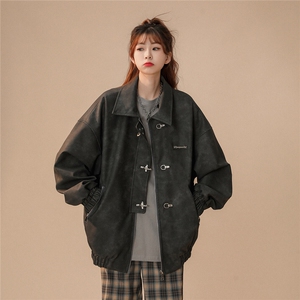 1中性风美式夹克女大码夹克男水洗雪花皮衣女JK8741P130控168图片