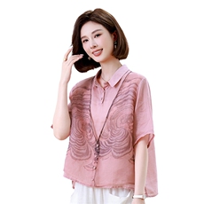 高端纯苎麻衬衫女2024新款夏季高级感中年妈妈气质假两件上衣小衫，女装衬衫，叶笙衣