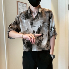 新中式风衬衫男短袖休闲痞帅水墨扎染衬衣新款男士夏装上衣，男装衬衫，星座506A