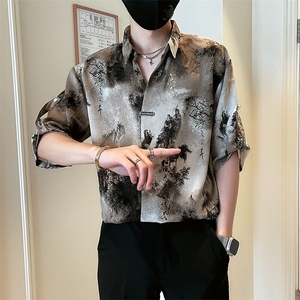 新中式风衬衫男短袖休闲痞帅水墨扎染衬衣新款男士夏装上衣图片