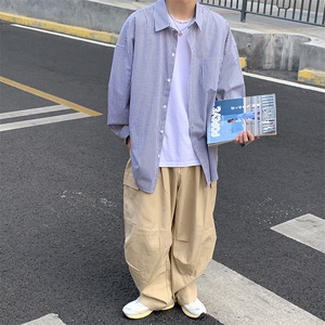 复古竖条纹长袖衬衫男潮牌街头宽松情侣休闲衬衣外套~C383-p35图片