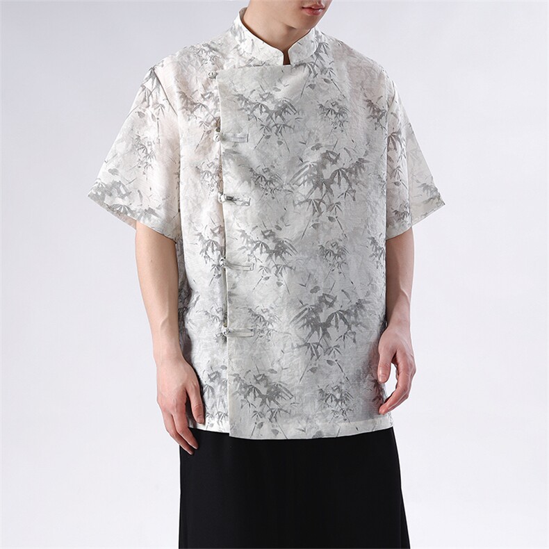 夏季新款日系风亚麻印花复古立领衬衫男CS35-P65,男装衬衫,电商A021