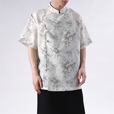 夏季新款日系风亚麻印花复古立领衬衫男CS35-P65，男装衬衫，电商A021