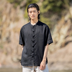 纯亚麻夏季薄款宽松短袖上衣风复古唐装盘扣衬衫男CS02，男装T恤，星座704A（原B229A）