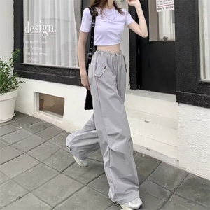 美式速干工装裤子女夏季薄款宽松休闲运动裤束脚抽绳高腰阔腿裤潮图片