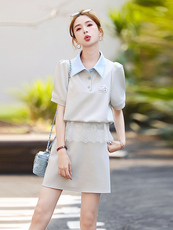 时尚休闲polo领套装裙女2025夏新款减龄蕾丝拼接洋气半身裙两件套，女装套装/套裙，歌伊格美