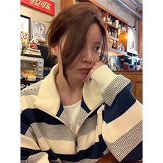 8805-P52美式复古加大码300斤胖mm半拉链条纹卫衣春秋季宽松长袖，男装卫衣，电商B323A