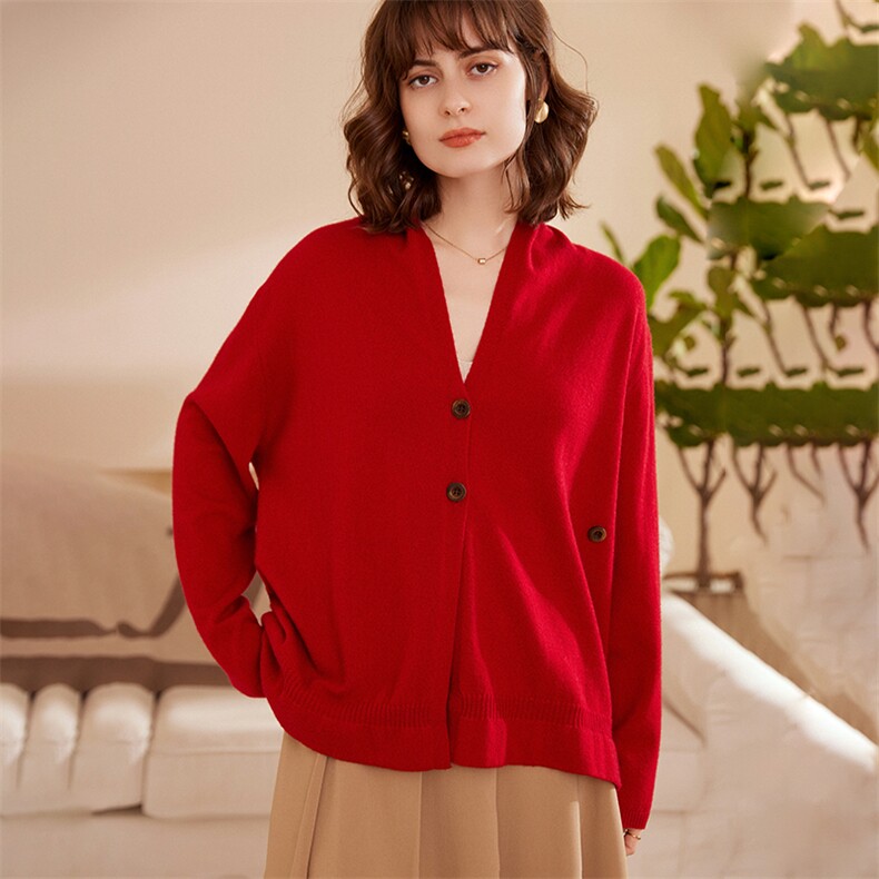 2025春秋新款羊绒衫女100山羊绒V领多穿斜衣襟系扣针织衫纯色上衣，女装羊绒衫，绒歆坊