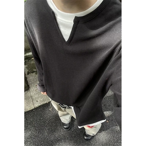 DK708-P40简约假两件拼接长袖男女设计感宽松情侣上衣-网图现货图片