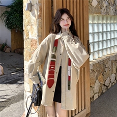 oversize撞色领带灯芯绒衬衫女春秋2026新款独特设计感学院风上衣，女装短外套，2C159