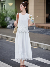 小香风气质蕾丝拼接套装裙女2025夏新款无袖背心上衣半身裙两件套，女装套装/套裙，韩蜜菓