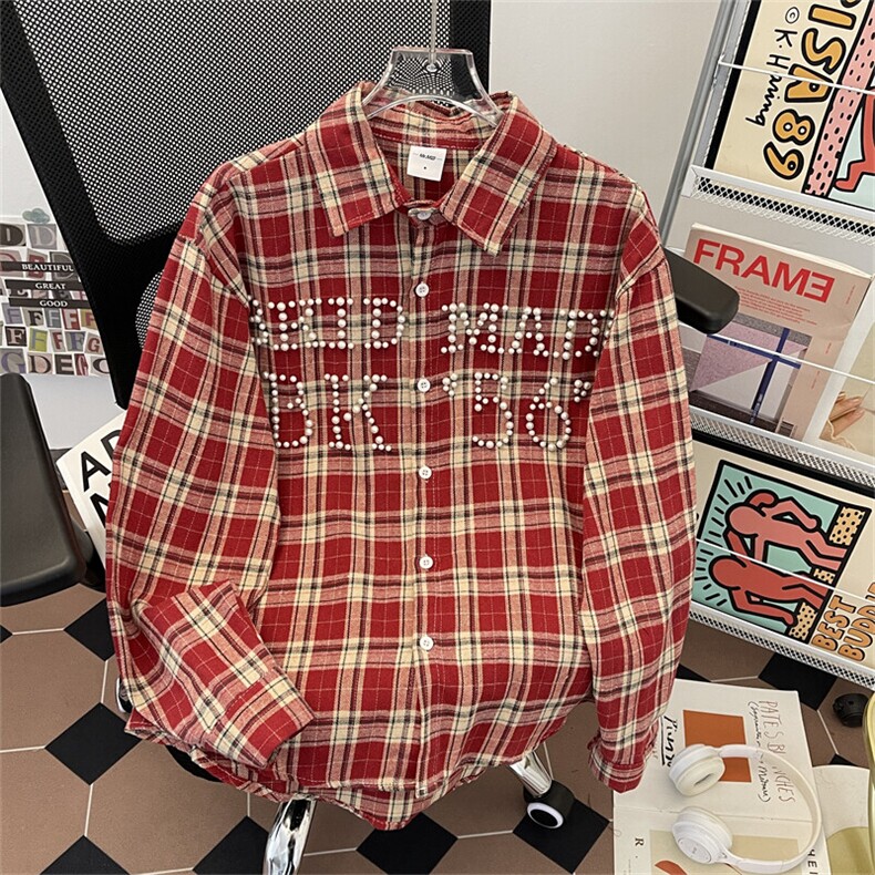 美式复古高街钉珠格子衬衫宽松情侣长袖休闲衬衣TC179P50,男装衬衫,星座1013-1