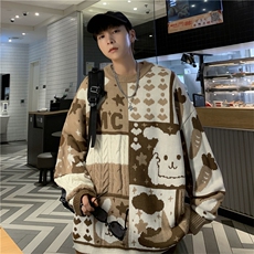 春季宽松慵懒圆领情侣针织衫日系复古卡通拼色毛衣男M814-P45，男装针织衫/毛衣，星座512-2