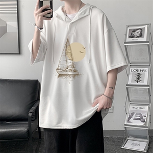 LD54409-P45NASA 连帽短袖t恤男大码胖子带帽五分袖中袖图片