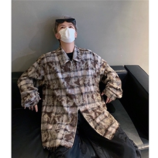 24秋装破坏毛边扎染长袖格纹衬衫中性夹克上衣外套男H985P78，男装夹克，电商A341