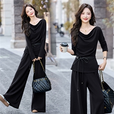 2025年秋新款时尚舒适荡领T恤阔腿裤两件套高级感气质复古轻熟风，女装套装/套裙，流量+