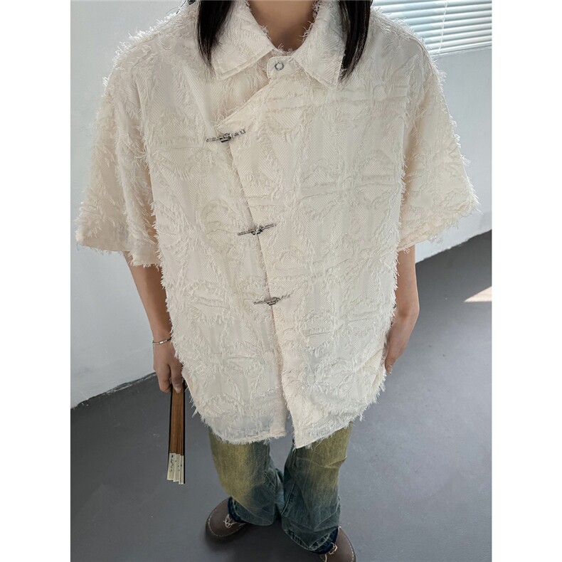 主推新中式风毛边设计感小众五分袖衬衫女情侣上衣D248P48,男装T恤,电商A335-1（原A458）