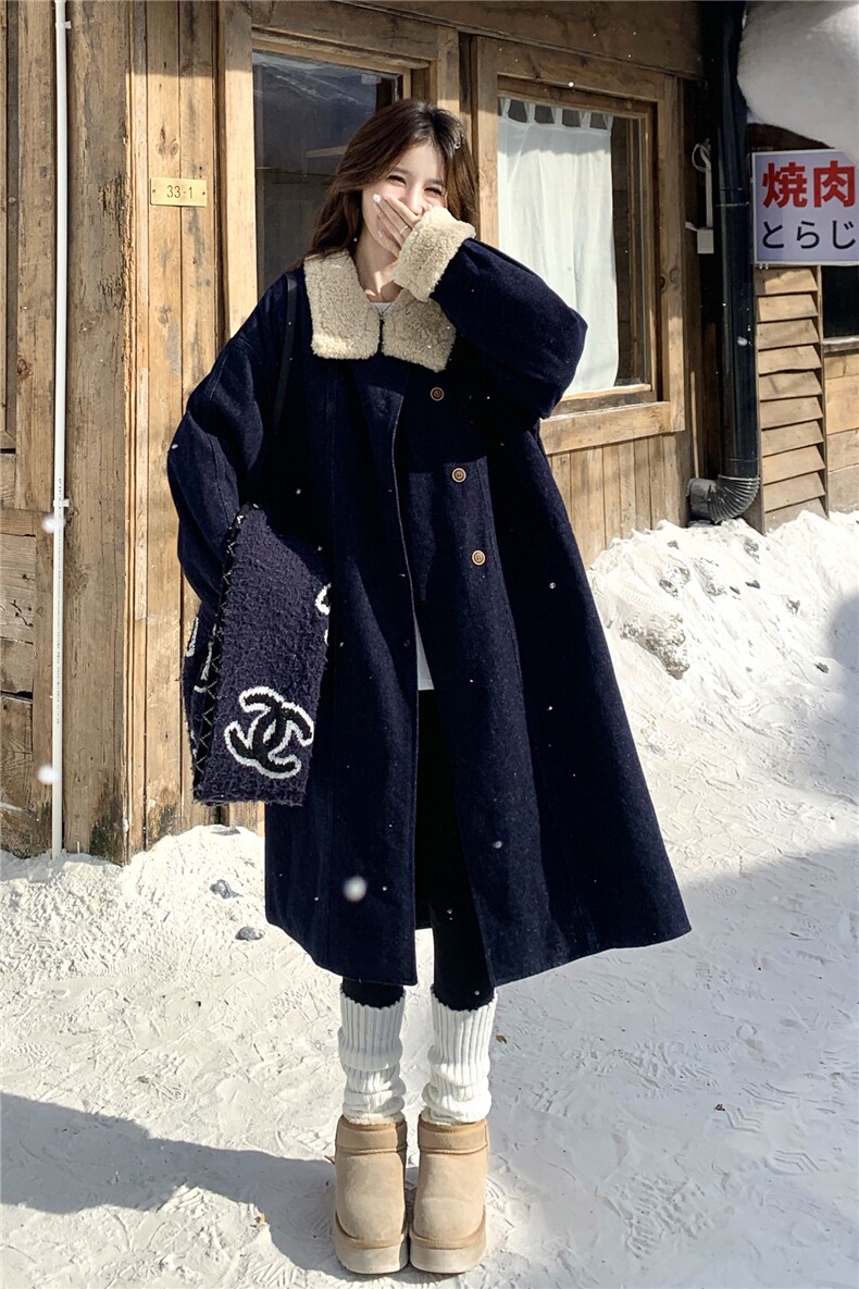 复古拼接羊羔毛派克服女2025冬季新款时尚中长款加厚保暖通勤外套,女装羽绒服,2C293