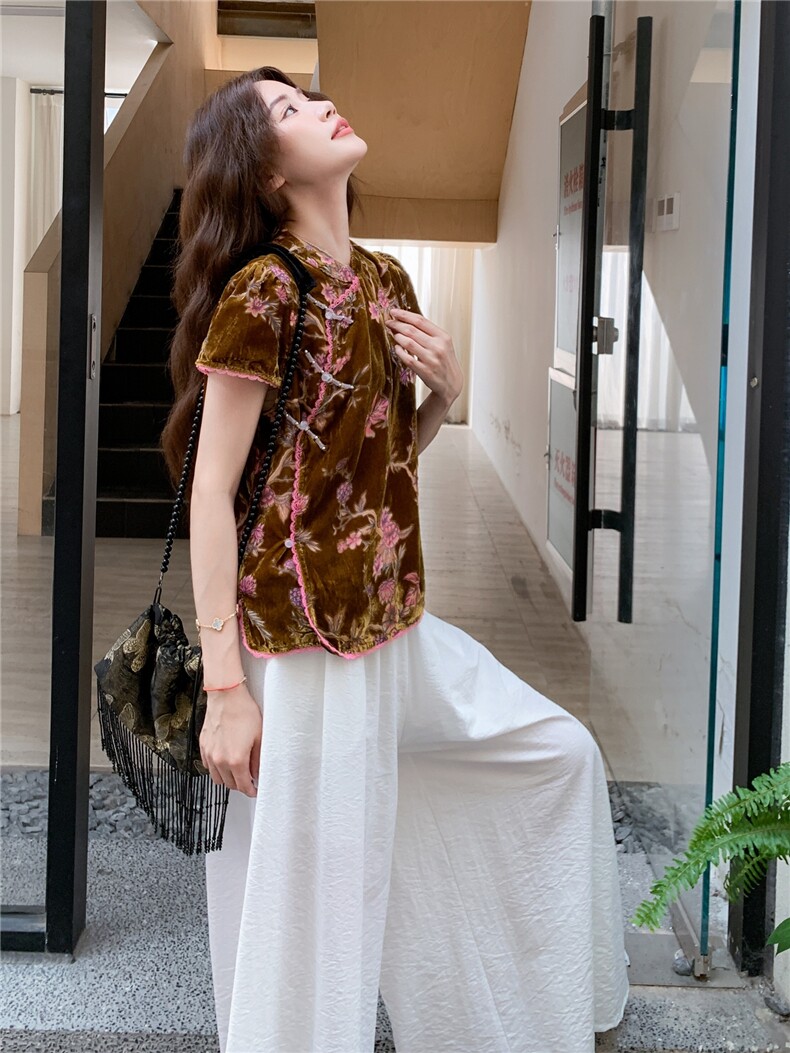 金丝绒碎花新中式国风上衣阔腿裤套装女夏大方得体两件套巨好看,女装套装/套裙,蝶眷