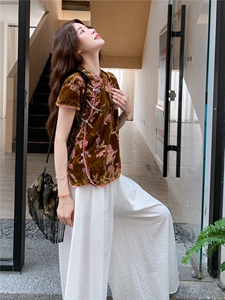 金丝绒碎花新中式国风上衣阔腿裤套装女夏大方得体两件套巨好看图片