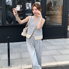 休闲浅蓝色马甲阔腿裤套装女夏2025新款爆款ootd穿搭巨好看两件套，女装套装/套裙，2C098